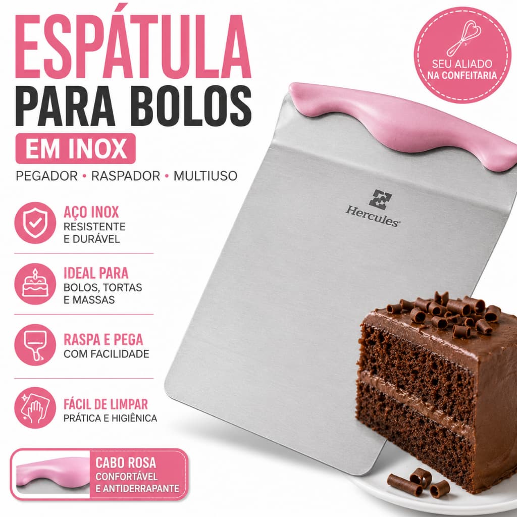 Espátula Pegador Para Bolos Em Inox Prática Raspador De Massa Com cabo Rosa Confeitaria Multiuso