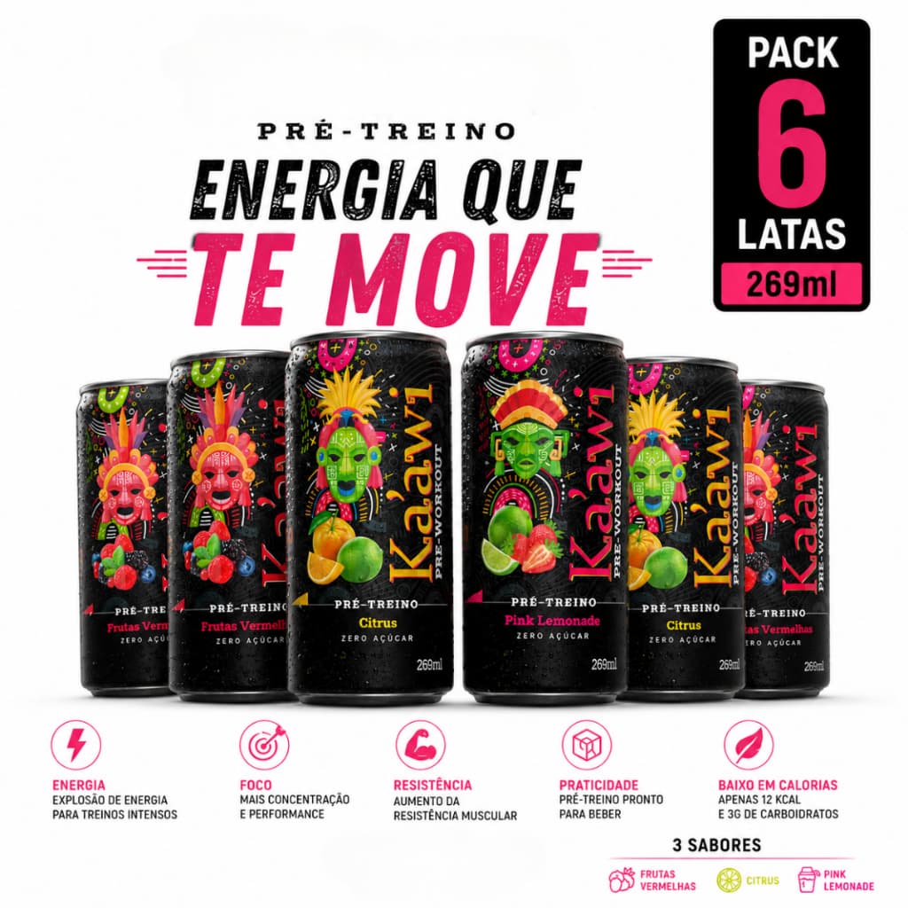 Pré Treino Pronto para Beber Ka`awi Strength Nutrition - Kit 6 Latas de 269ml