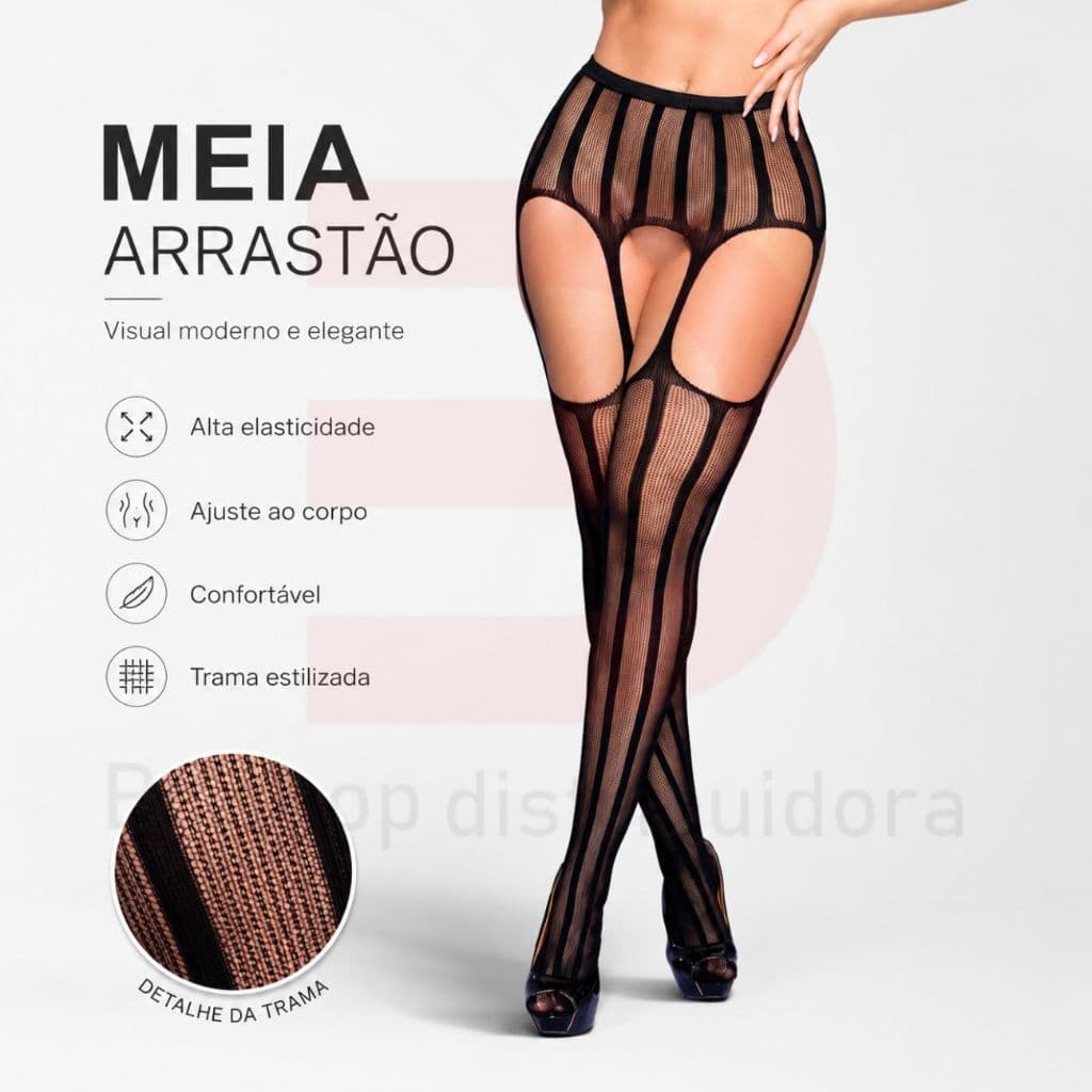 Meia Calça Com Cinta Liga Integrada Detalhes Decorativos em Listras