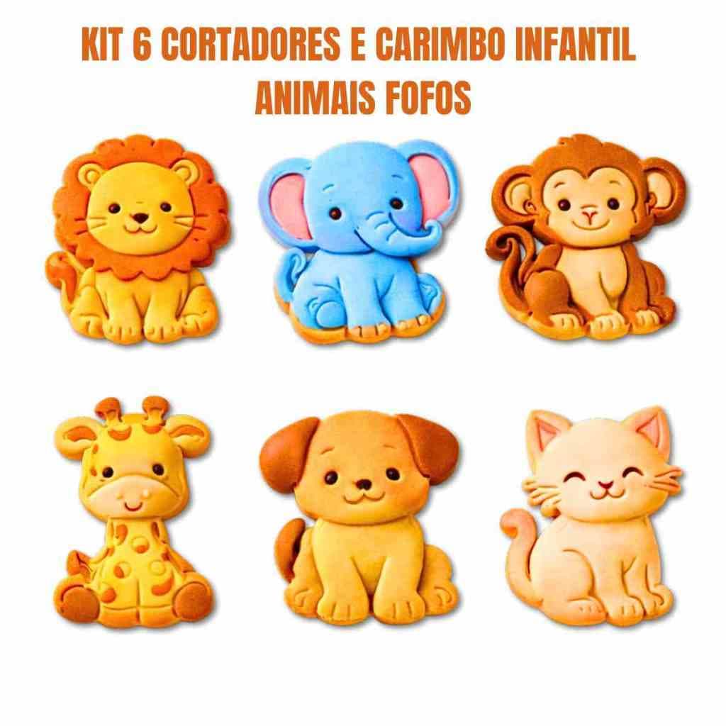 Kit Cortador Marcador de Biscoito Safari Animais Fofinhos Infantil 6 Peças 6cm Tema Fofo