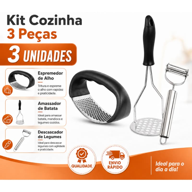 Kit Utensílios de Cozinha 3 Peças Amassador Alho Batata Descascador Legumes Aço Inox