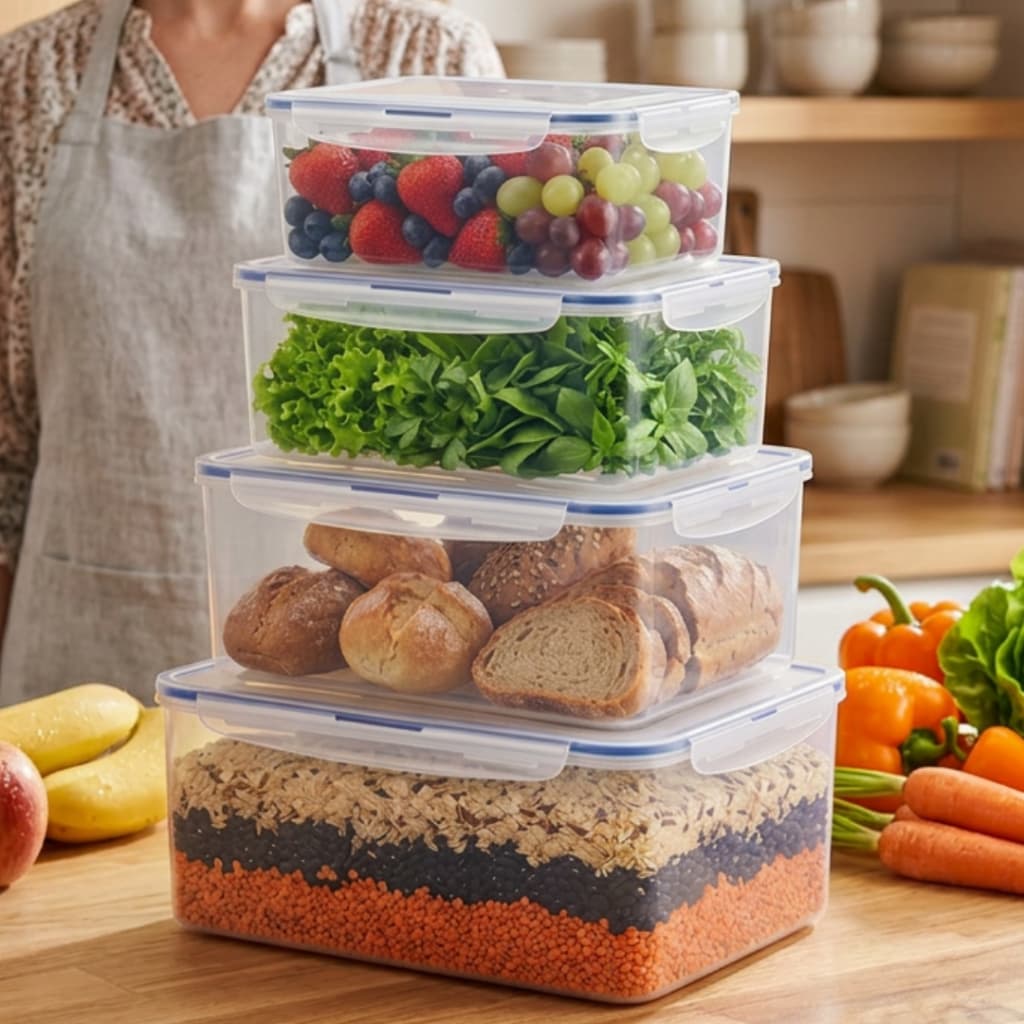 Kit 4 Potes Herméticos Grandes Com Alça 14/ 10/ 6/ 4 Litros Organização Alimentos Transparente Tampa Trava