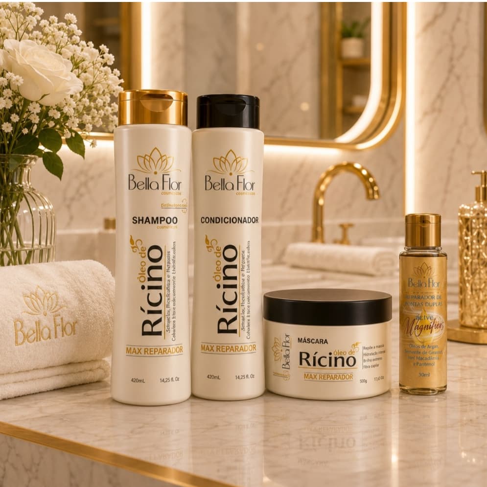 Kit Capilar Óleo de Rícino 4 Produtos Shampoo Condicionador Máscara Reparador de Pontas Bella Flor Anti-Frizz Brilho
