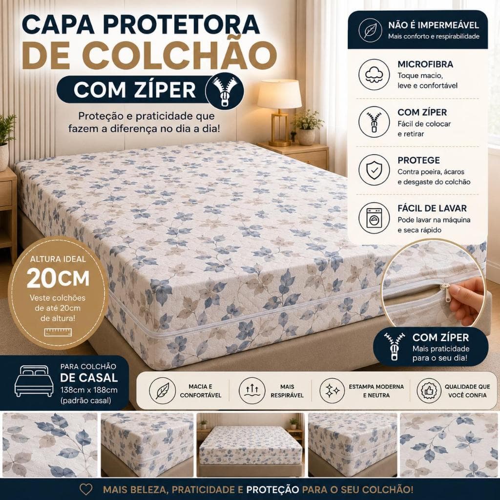 Capa Protetora De Colchão Com Zíper Casal Microfibra Estampada 20cm