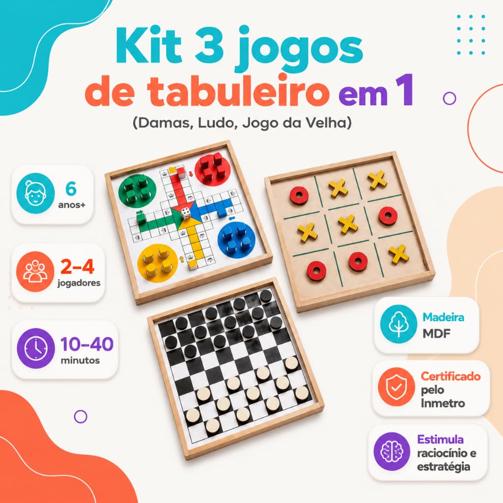 Jogos de Mesa 3 em 1 Brinquedo Dama Ludo Jogo da Velha Diversão Clássica de Mesa Tabuleiro Kit Jogos