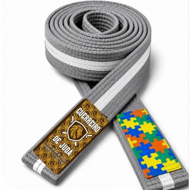 Faixa cinza/ branca de jiu-jitsu tarja AUTISMO