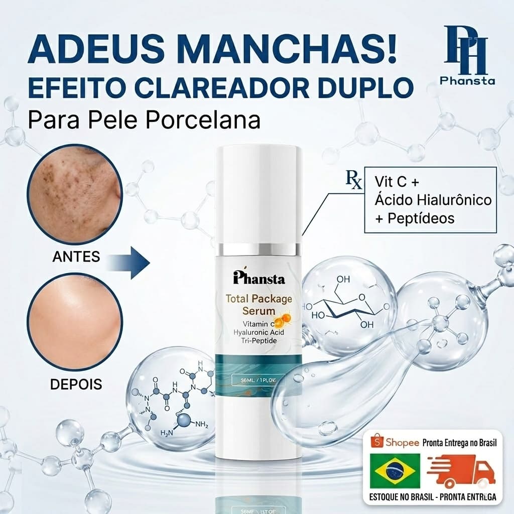 PHANSTA Sérum Facial Vitamina C e Ácido Hialurônico Clareador de Manchas Antirrugas Anti-idade 30ml