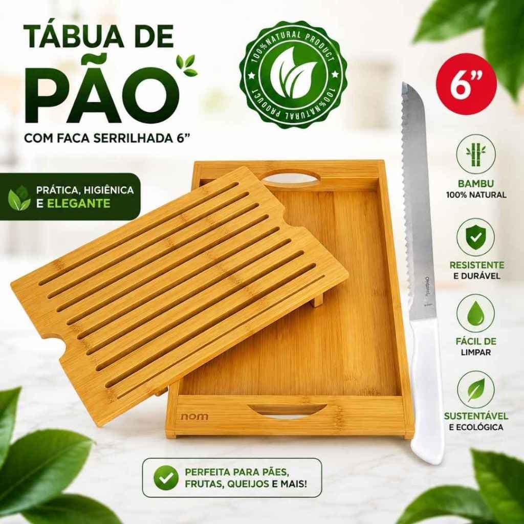 Migalheira + Faca Pão Tabua Bandeja Migalheira de Bambu Para Corte de Pães e Bolos