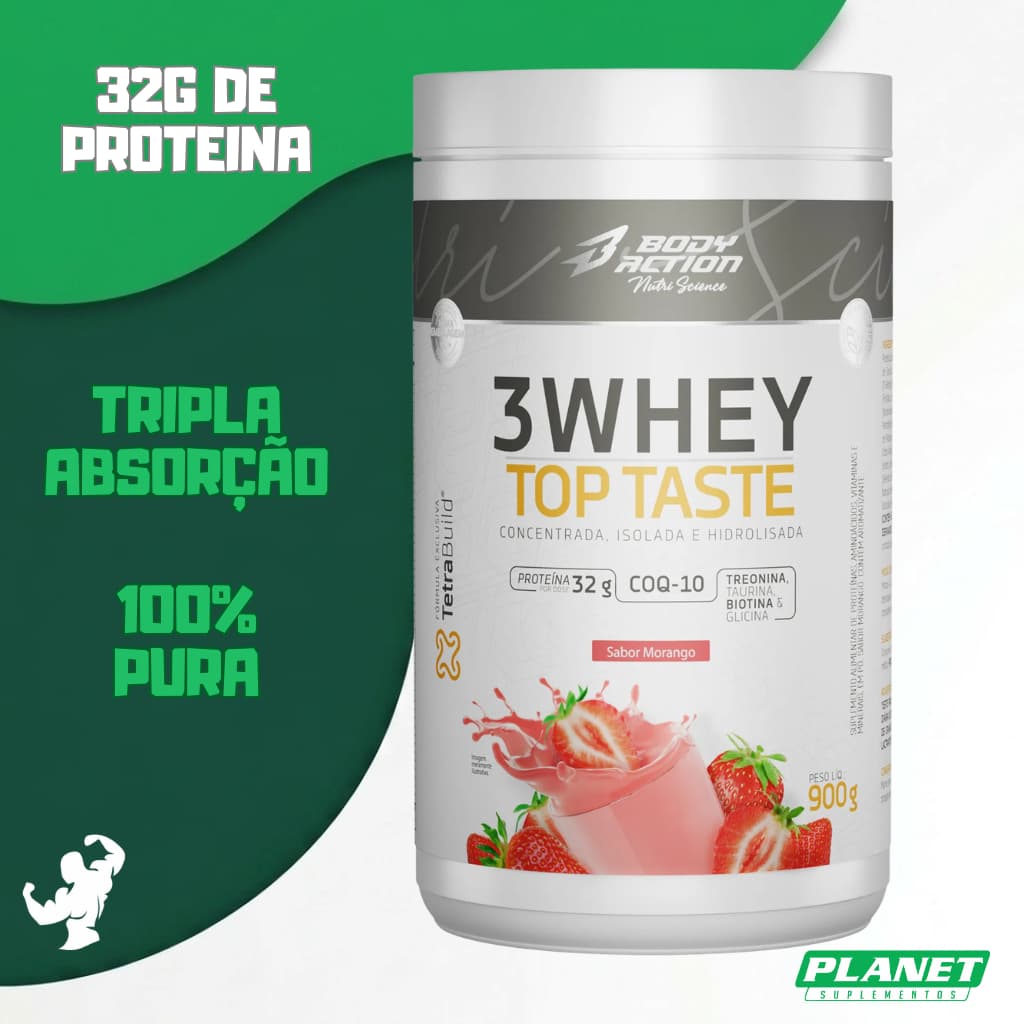 3 Whey Top Taste 900g Bodyaction Whey Protein Ganho Massa Muscular Proteína Recuperação Qualidade