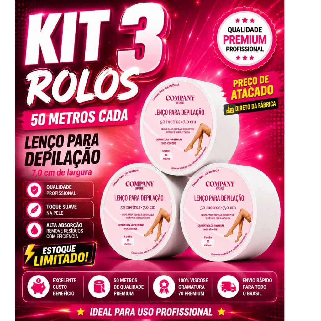Kit 03 ROLOS  Tnt Para Depilaçao.50 metros 7,0 centimetros Papel para Depilaçao, Lenço depilatorio.