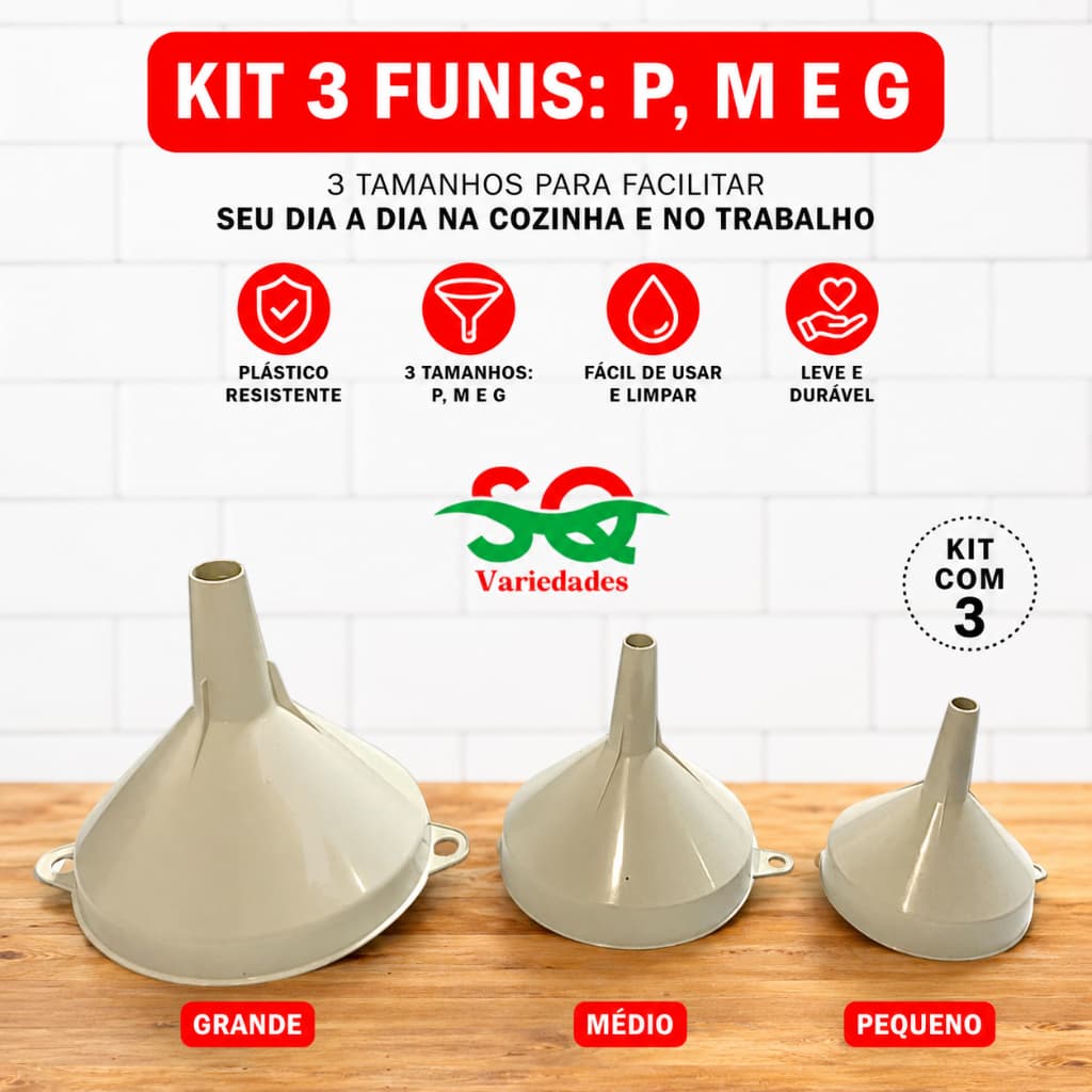 Funil  3 Unidades P M e G Plástico Resistente Multiuso