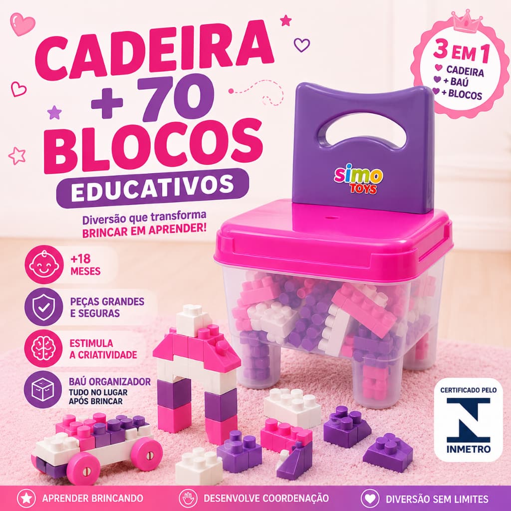 Cadeira Infantil Rosa Com 70 Blocos De Montar Educativos Baú 3 Em 1 Menina