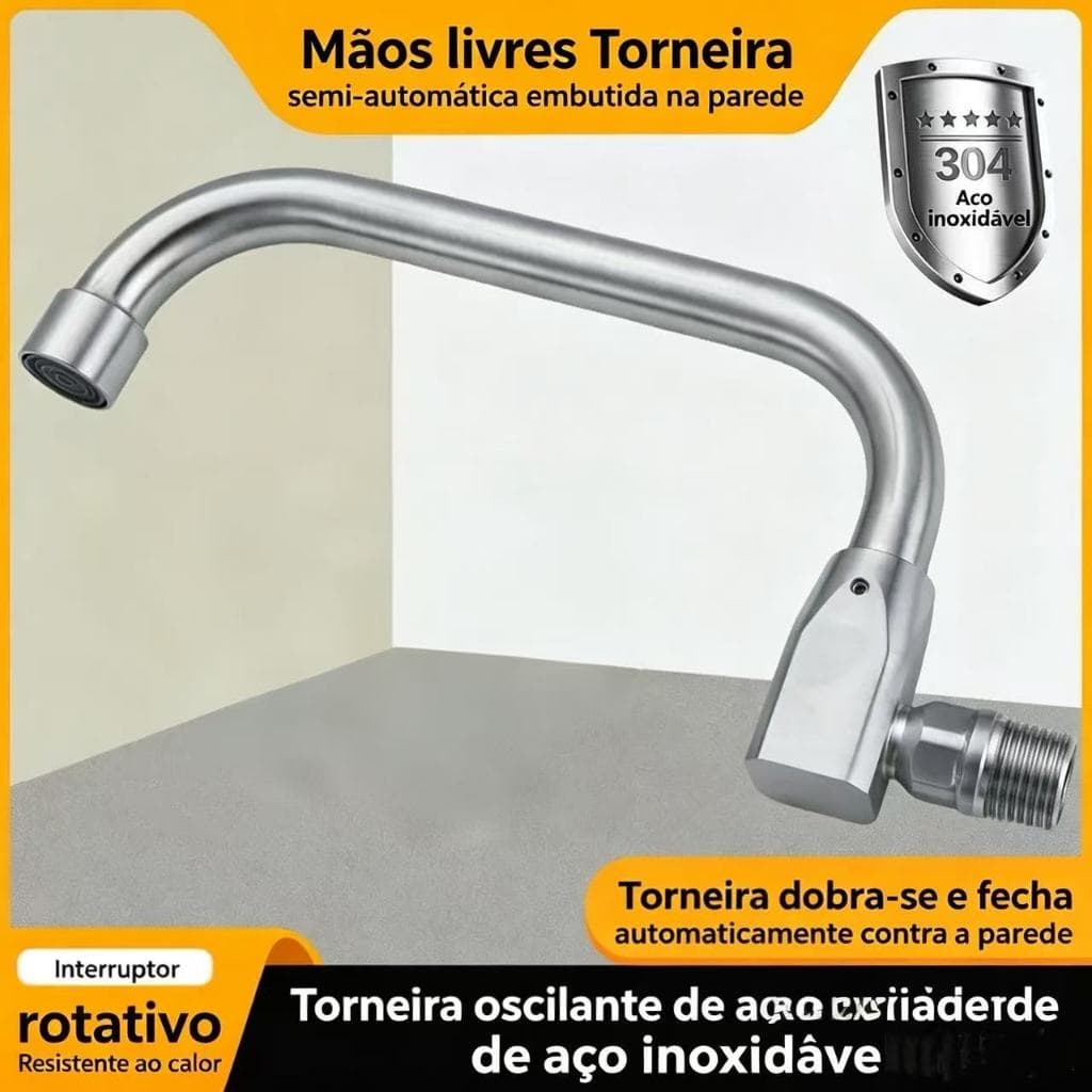 Torneira Semi-Automática de Balanço em Aço Inoxidável 304, 360° Rotativa, para Cozinha Comercial e Doméstica