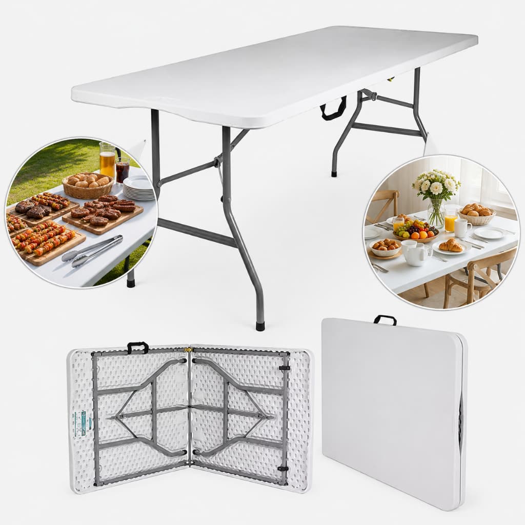 Mesa Vira Maleta Plástica Dobrável 1,80m Com Alça Branca Para Churrasco Área Externa