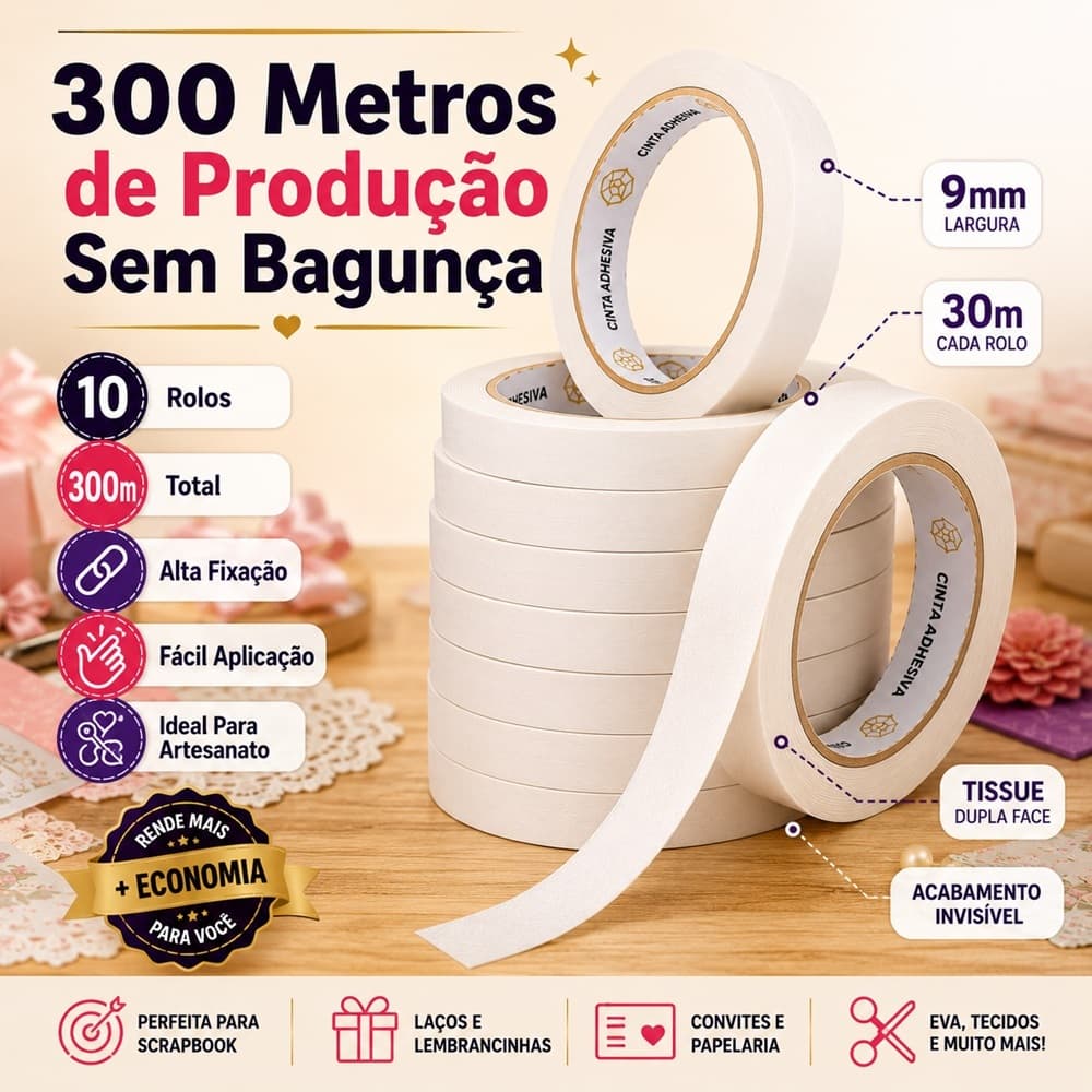 Kit 10 Rolos Fita Dupla Face  para Laços e Laceras Artesanato e trabalho escolares  9mm X 30m