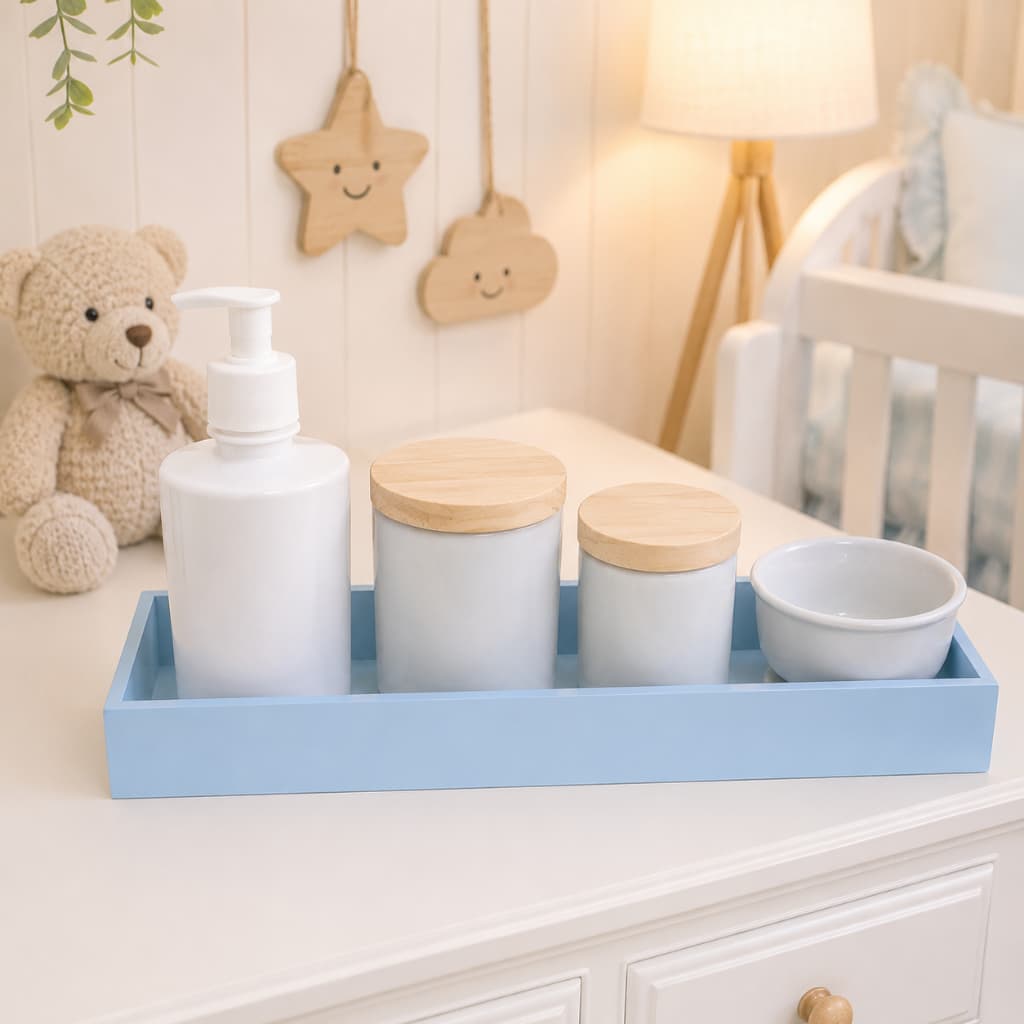 Kit higiene bebe porcelana azul decoração quarto infantil