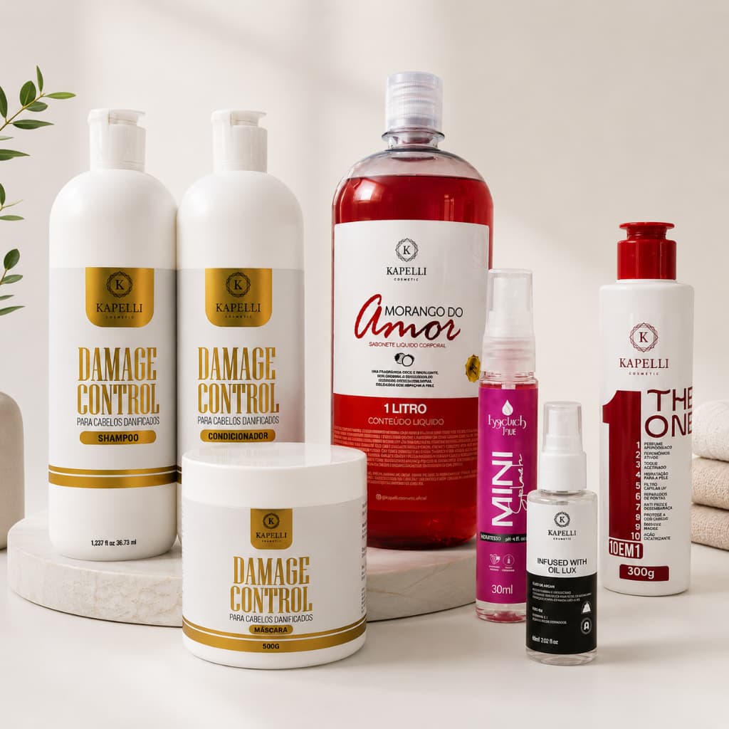 Kit Banho Damage Control 7x1 - Shampoo e condicionador 1L cada, Máscara, Sabonete líquido 1L, óleo, leavein, body splash
