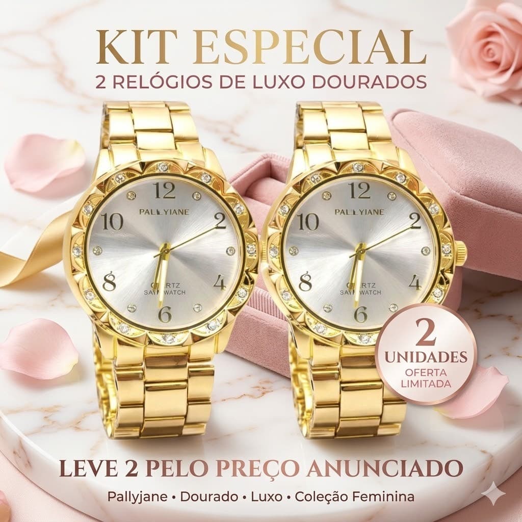 Kit 2 Relógios Femininos Dourados Pallyjane Luxo Resistente à Água