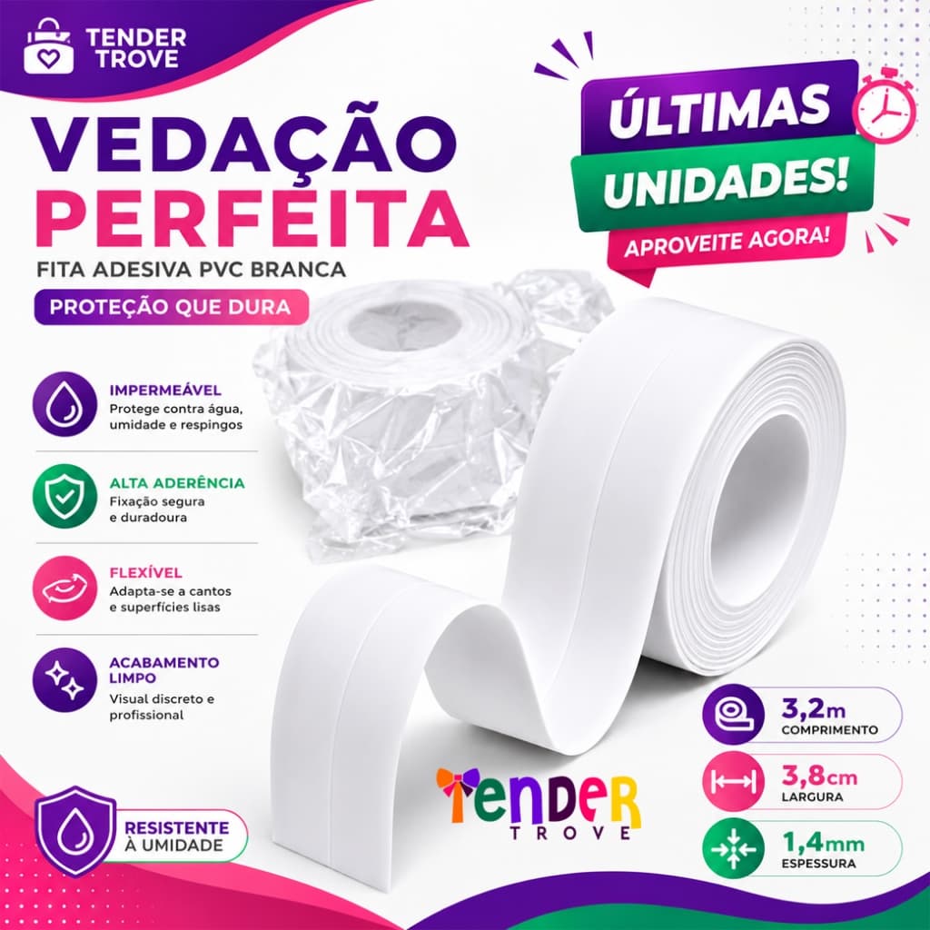 Fita Vedação PVC Branca 3,2m — Impermeável e Flexível 🛡️ Acabamento Profissional para Cozinhas e Banheiros