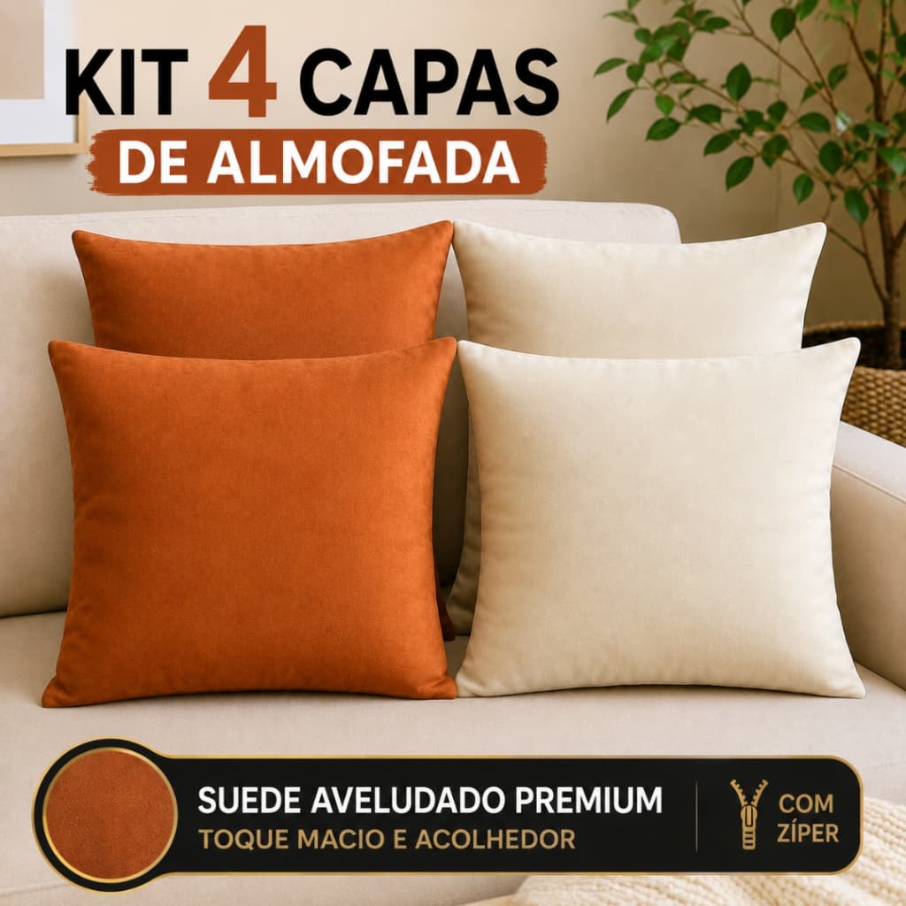 Kit 4 Luxo - Capa de Almofada Lisa Suede Veludo Premium 40x40 - Decoração - Com Zíper