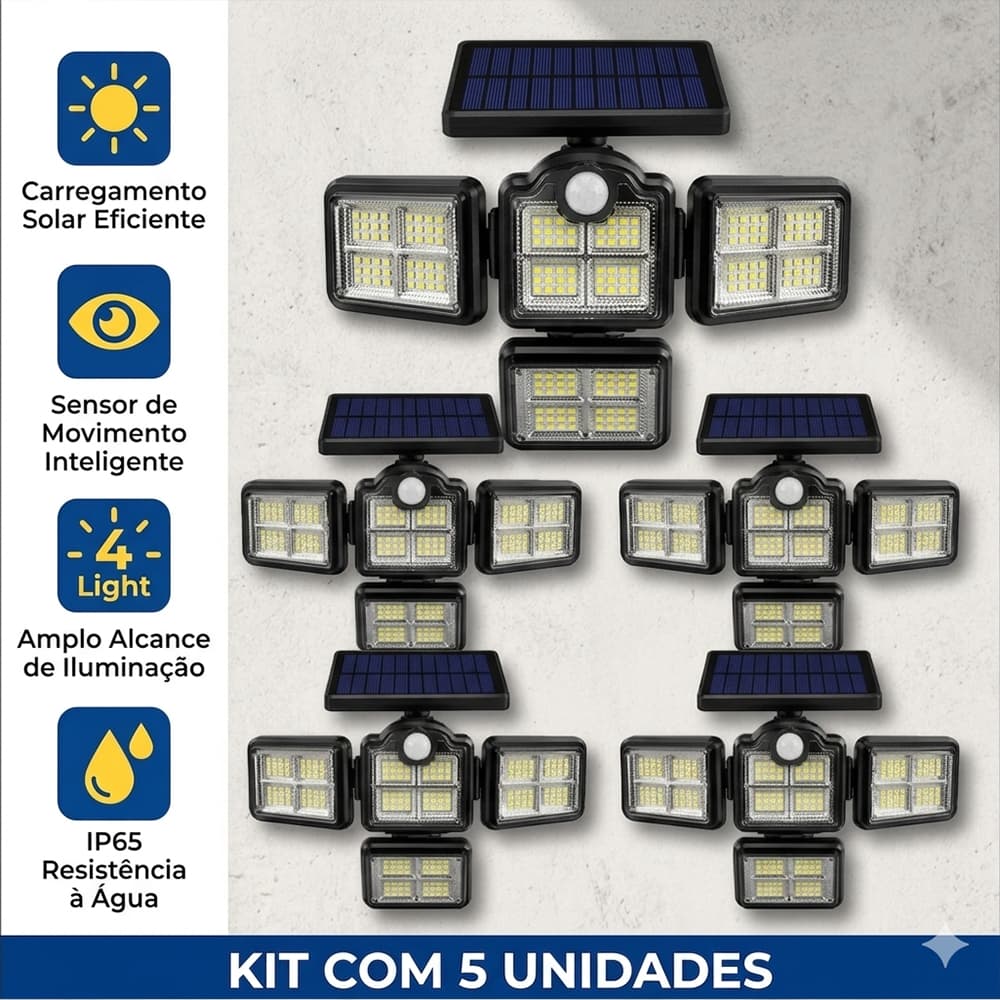 4 Cabeças Kit 5 Refletor Solar LED Com Desconto Luz Externa Para Jardim Quintal Muro Sensor de Presença Atacado