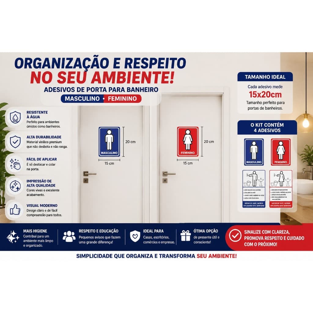 4 Adesivos de Sinalizacao Porta Banheiro Masculino Feminino WC Regra Identificacao Sanitario Toalete