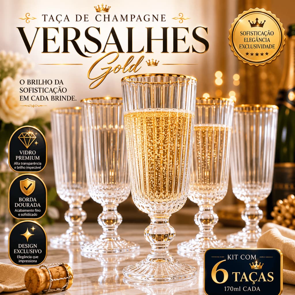 Jogo 6 Taças de Champagne Versalhes Gold 170ml Vidro com Borda Dourada Taça para Espumante