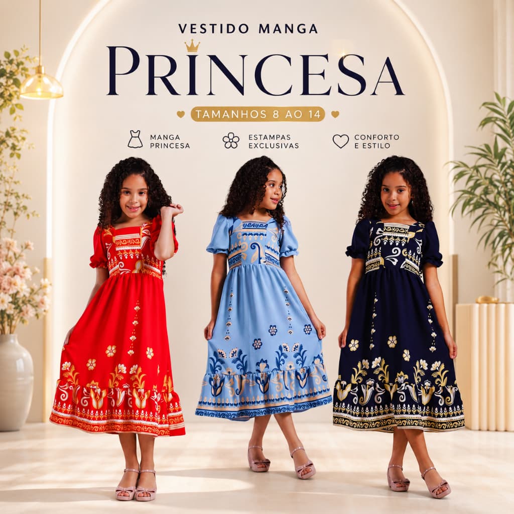 Vestido Infantil Juvenil  BARRADO MANGA PRINCESA com Elastex nas Costas 8 ao 14 Tecido DUNA