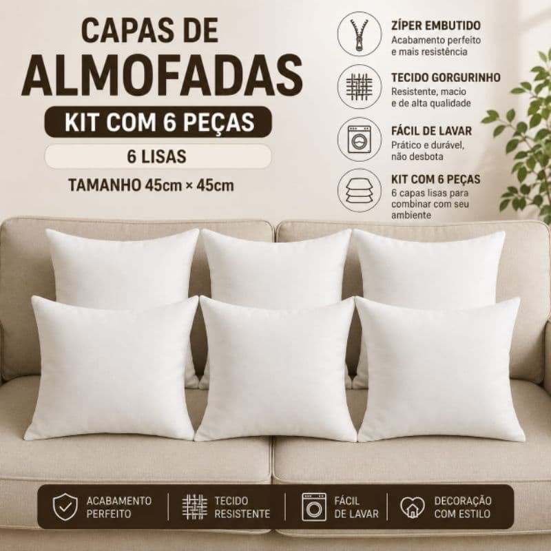 Kit 6 Capas de Almofada Premium em Gorgurinho – Zíper Embutido e Fácil de Lavar