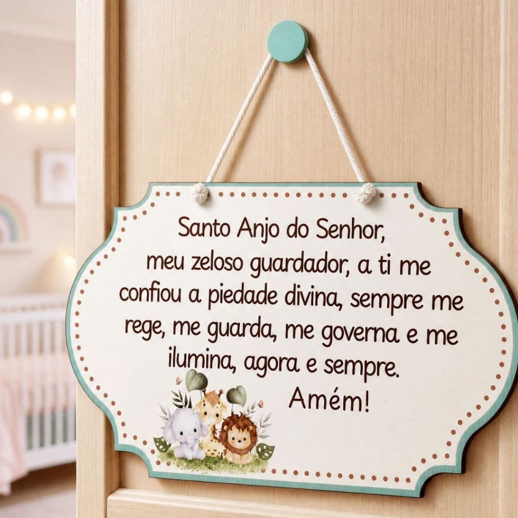 Enfeite Porta Maternidade Oração Santo Anjo MDF Quarto Bebê Presente Batizado Nascimento