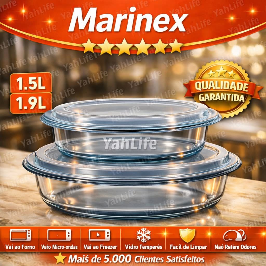 Kit 2 Travessas Marinex Vidro Temperado com Tampa Assadeira Refratário Redonda Forno 1,5L e 1,9L Conjunto