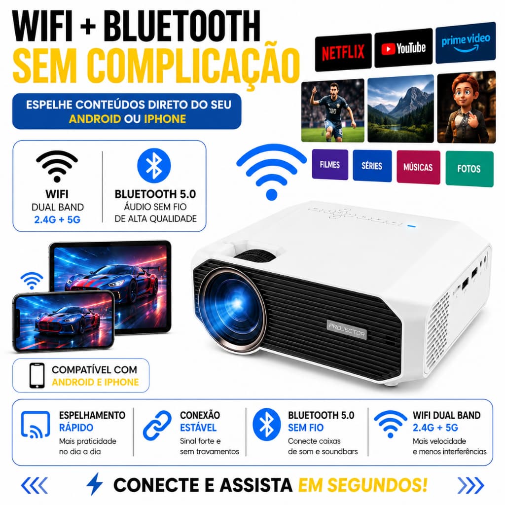 Projetor Portátil WiFi Bluetooth E470 HD Nativo 4500 Lumens Tela 150 Pol Android iPhone HDMI