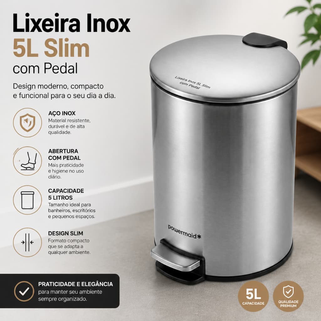 Lixeira Inox 5 Litros Com  Pedal Design Moderno Pratica