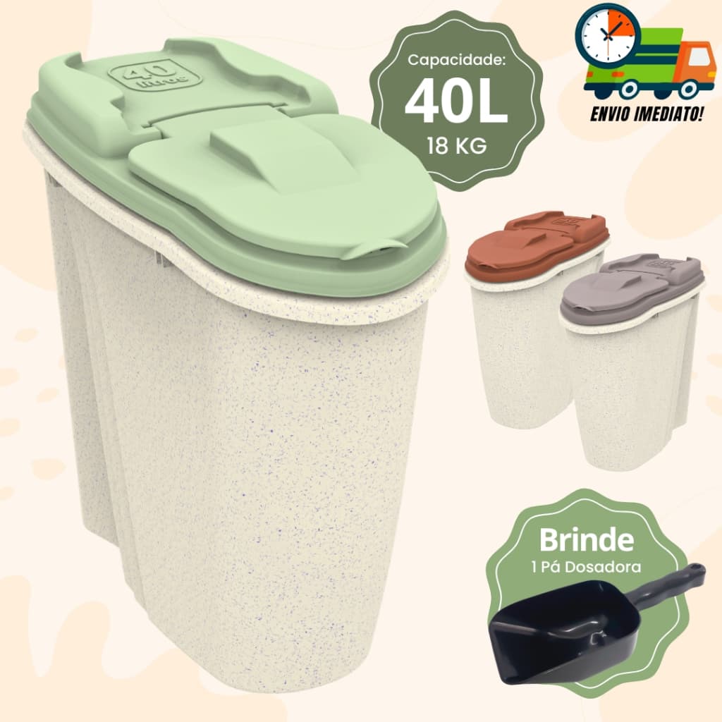 Pote Porta Ração e Grãos Dispenser 40 Litros 18 Kilos Vedação Completa Anti Formiga + Pá Dosadora