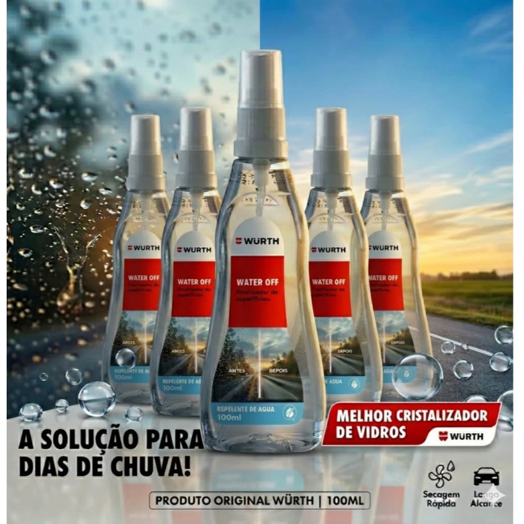 KIT 5 CRISTALIZADOR E FINALIDOR DE PARA-BRISAS E VIDROS EM GERAL 100ml WATER OFF WURTH