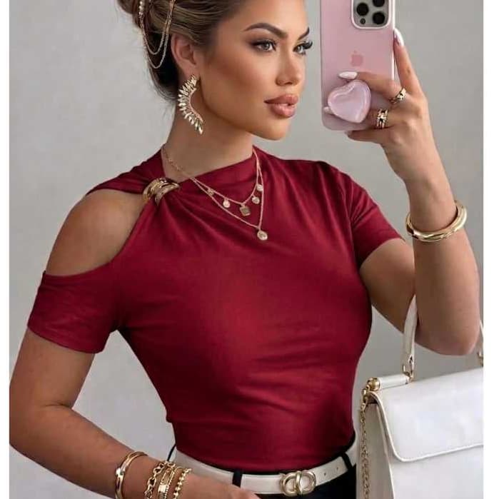 Blusa Feminina Ombro Vazado Slim Fit Tecido Suplex Macio