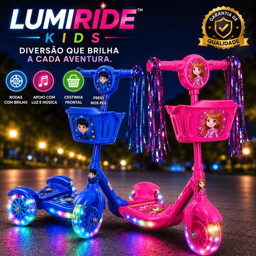 Patinete Infantil 3 Rodas com Luz de Led, Música e Cestinha Dobrável Triciclo Motocicletas Scooter