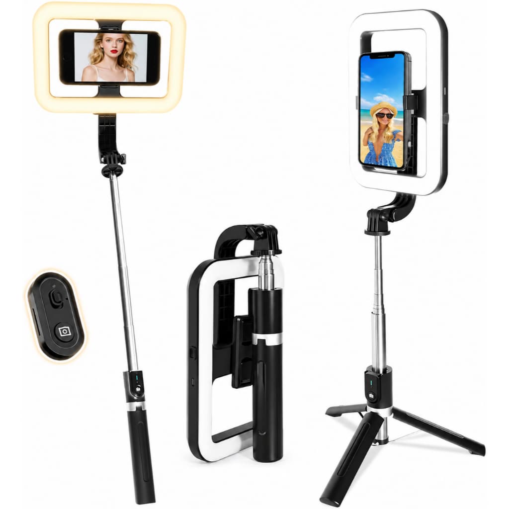 Ring Light Iluminador Tripé 3 Cores Níveis de Brilho Controle Remoto Bluetooth para Lives 138cm