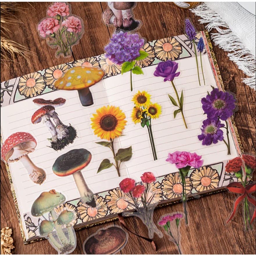 Adesivos botânicos para Journal Scrapbook Colagens Flores Cogumelos Borboletas 40 peças Papelaria