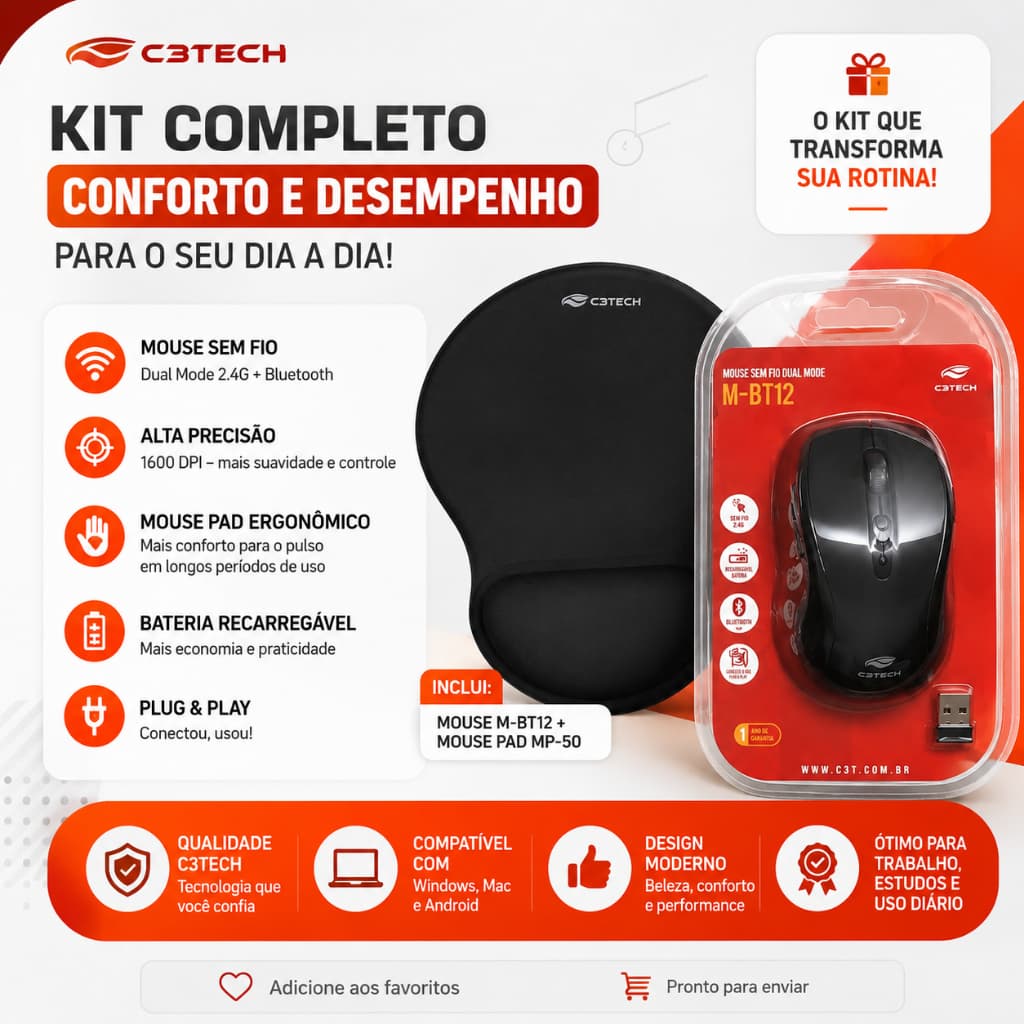 Kit Mouse Sem Fio Bluetooth C3Tech M-BT12 + Mouse Pad Ergonômico MP-50 | Venda Individual Disponível