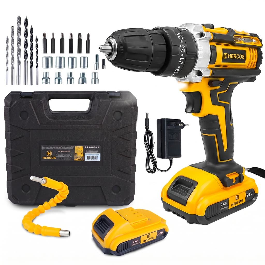 Parafusadeira Furadeira Impacto 21v Bivolt 2 Baterias Kit Maleta Acessórios Recarregável Hercos