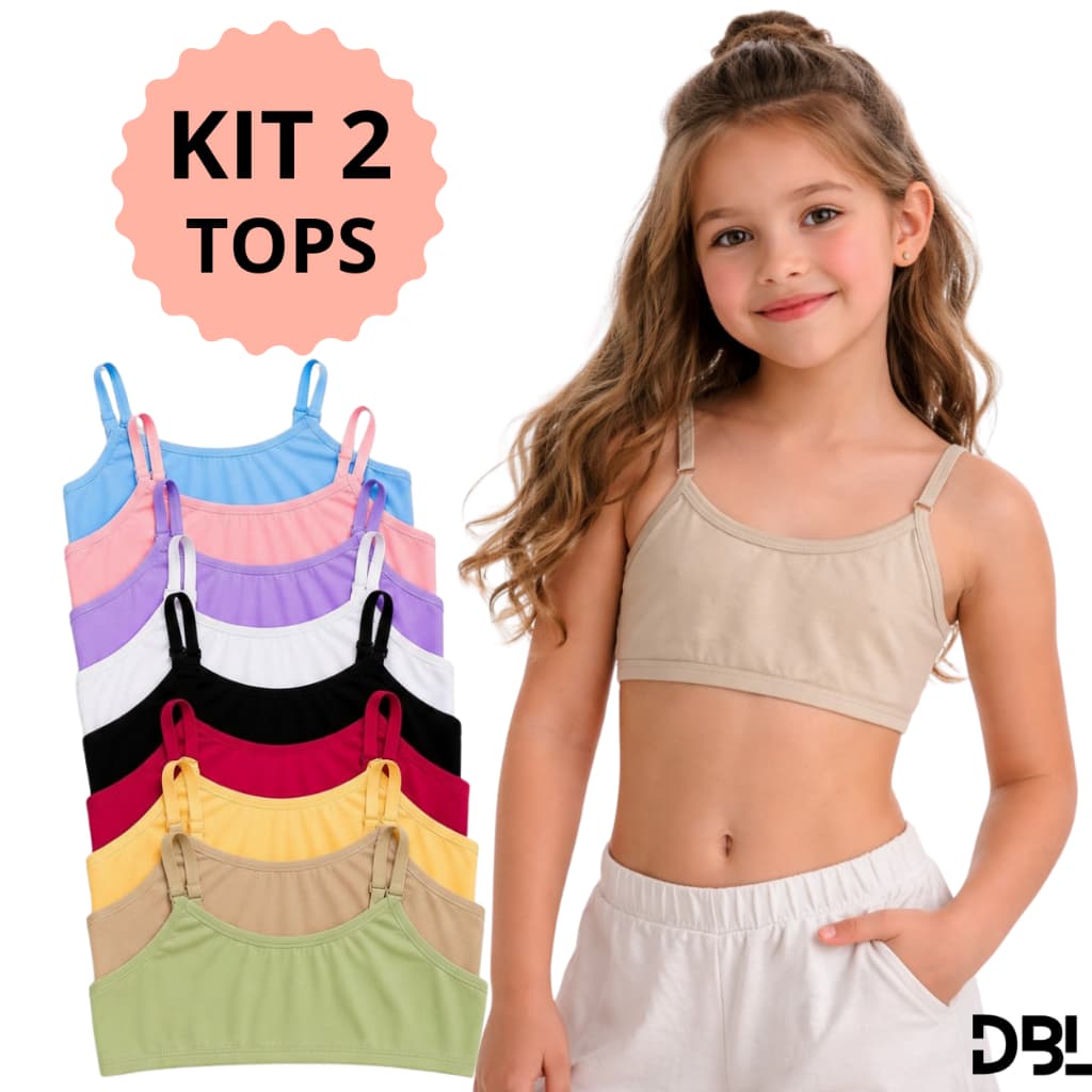 Kit 2 Top Infantil Juvenil Teen Menina Algodão Sutia Sem Bojo Alça Ajustavel Básico Usar Uniforme