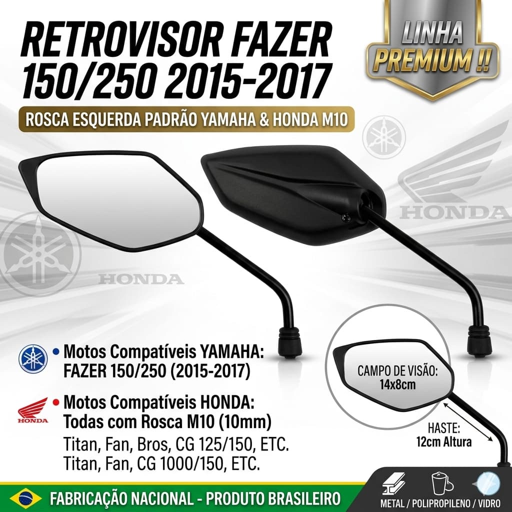 Par Retrovisor Espelhos Motos Honda Yamaha Fazer 2015 Fan Bross Titan Cg