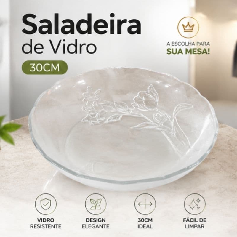 Saladeira de Vidro 30cm Grande Transparente Tigela Decorativa para Saladas Frutas Mesa Posta Premium