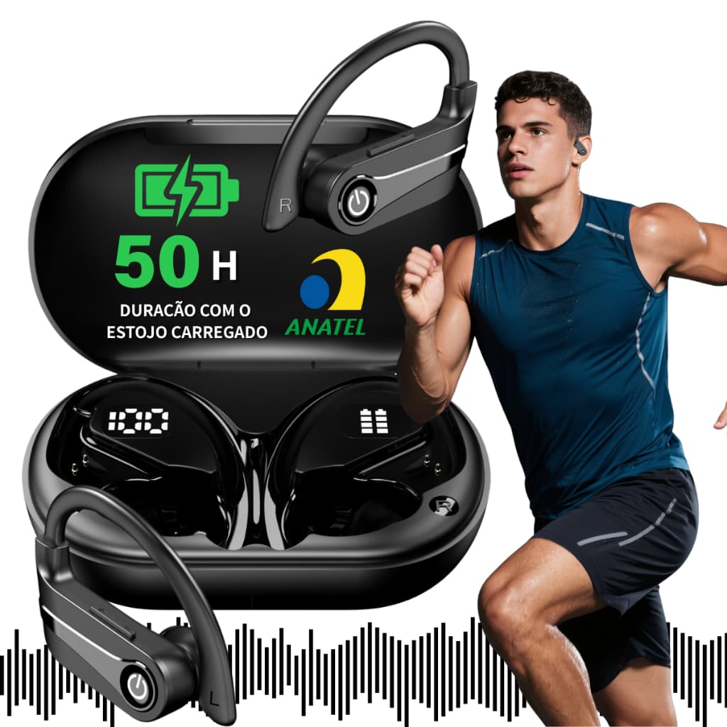 Fone De Ouvido JSKJ YYKQ63 Sem Fio Esportivo Tipo Gancho Para Corrida Academia Treino Ciclismo Preto