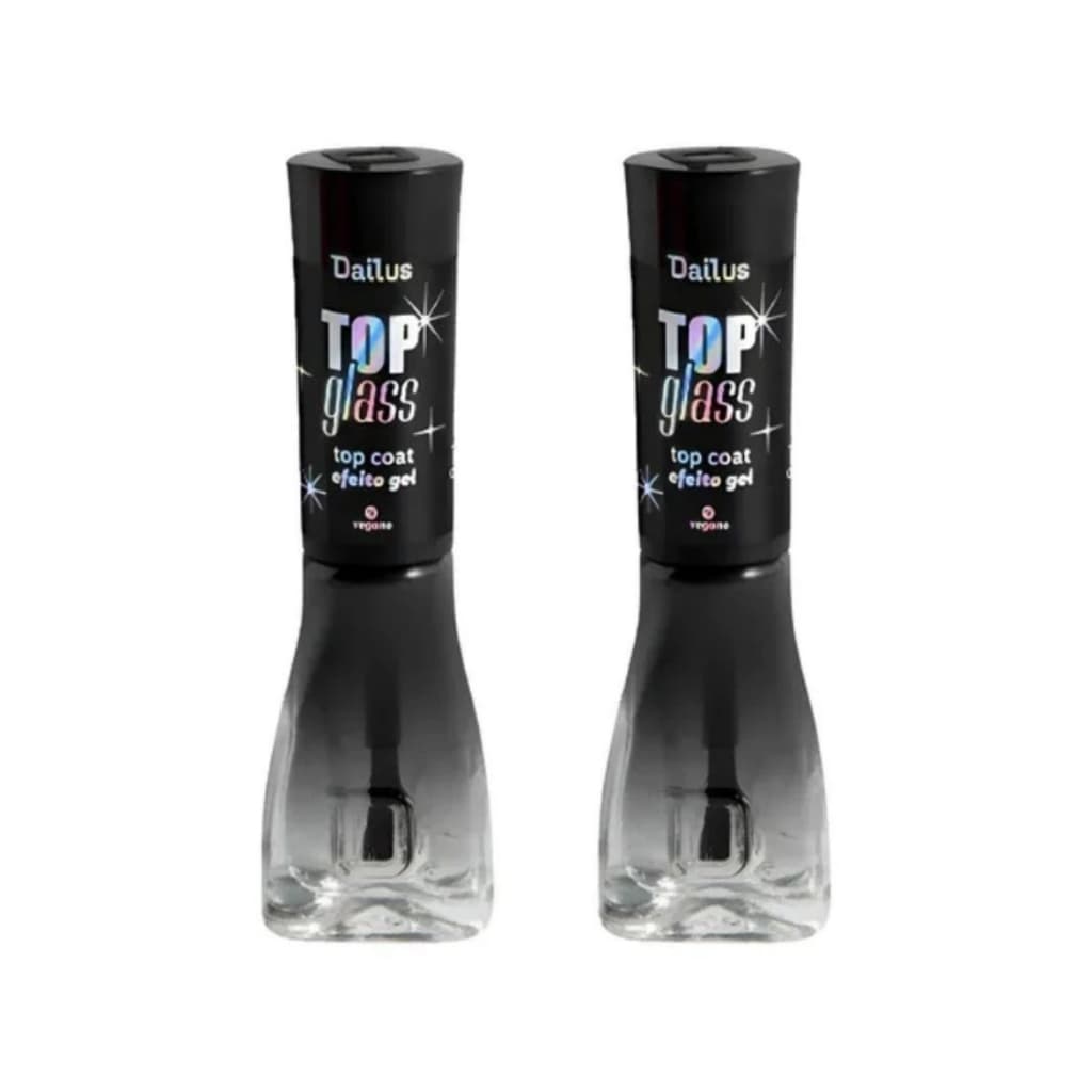 Top Coat Kit 2 Unid Vidro Top Glass Efeito Gel 8ml Vegano Cruelty-Free Dailus