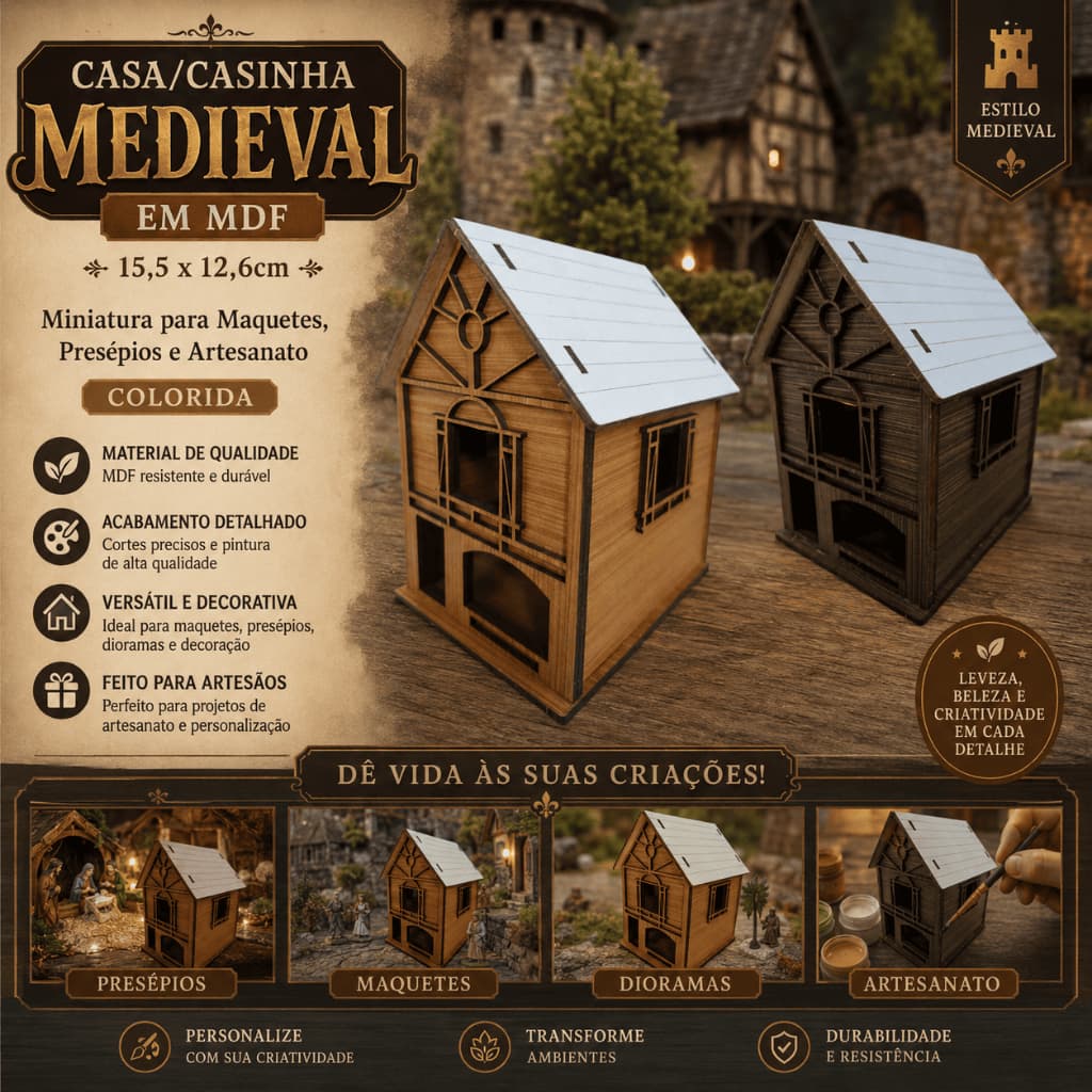 Casa/Casinha Medieval em MDF  15,5x12,6x10,2cm Miniatura P/ Maquetes Presépios Artesanato Colorida