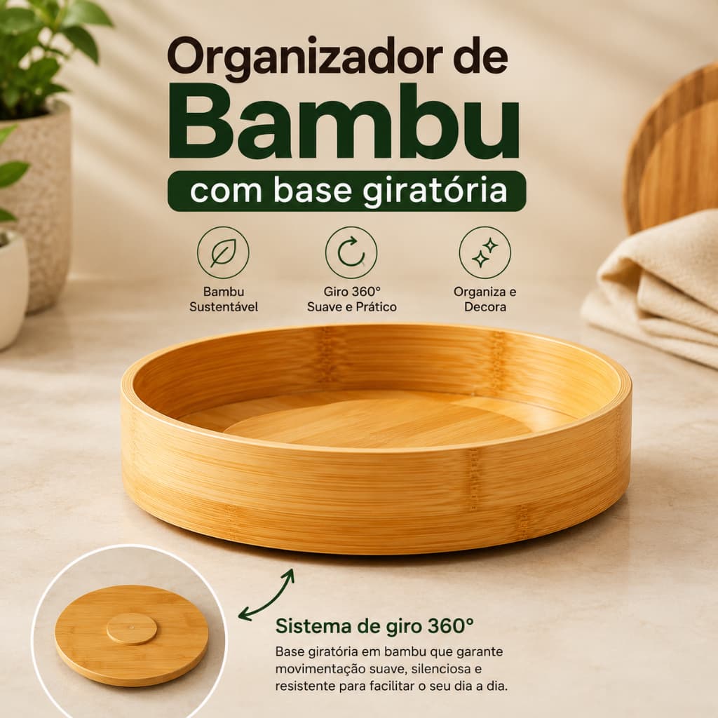 Organizador Giratório de Bambu 25cm Base Giratória 360° Redondo Porta Temperos Cosméticos Cozinha Banheiro