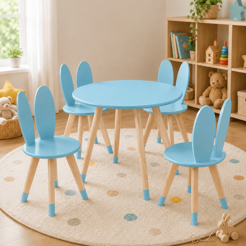 Kit Mesa Infantil com 4 Cadeiras Coelho Conjunto Educativo para Crianças Quarto Infantil Montessori