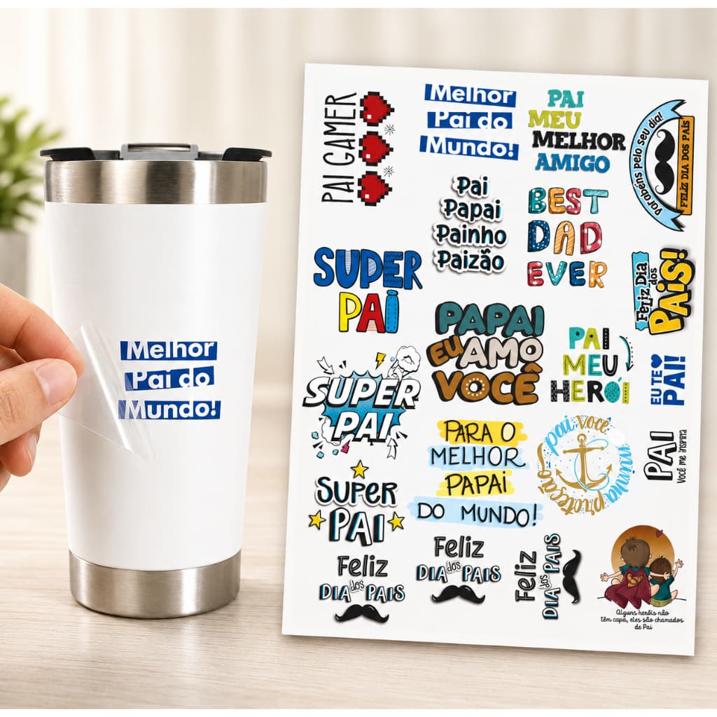 Cartela Adesivo DTF UV A4 - DIA DOS PAIS 1 - Para Personalizados, Lembrancinhas, Canecas, Copos, Garrafas e Presentes